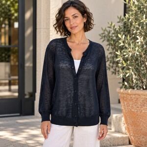 Muji Women 100% Hemp Cardigan Size M Lightweight Navy Minimalist Coastal Classic